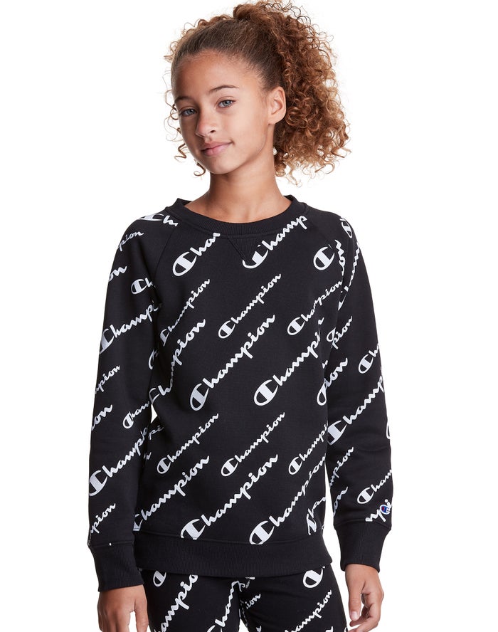 Champion Girls Sweatshirt NZ - Fleece Raglan Allover Logo Black ( 5462-LKYXD )